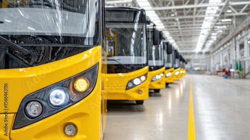 New yellow buses parked in a row inside a spacious factory, bright headlights of the first bus are prominent.
