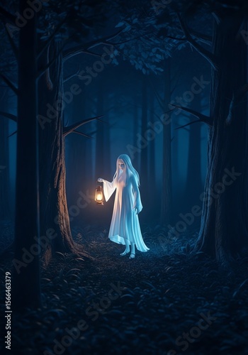Woman holding lantern in dark forest