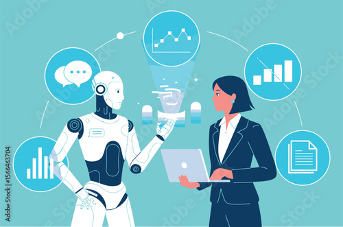 Businesswoman and Robot Collaboration – Flat Vector on Teal with Analytics Icons