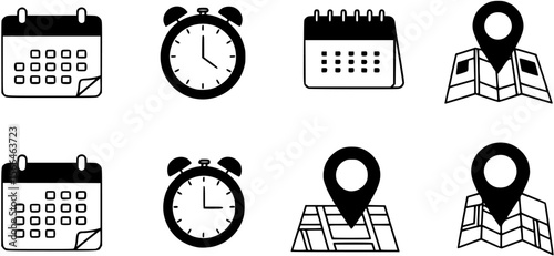 date, time, address location icon set. calendar, clock and map symbol for event, meeting, wedding, schedule, invitation card design element. transparent vector illustration.