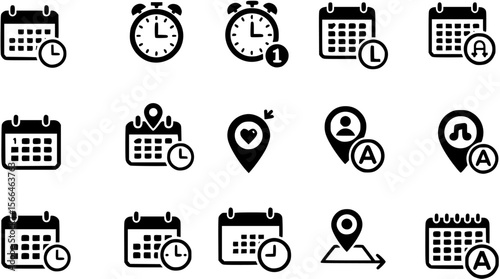 date, time, address location icon set. calendar, clock and map symbol for event, meeting, wedding, schedule, invitation card design element. transparent vector illustration.
