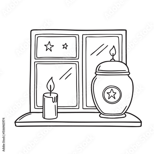 A sealed urn placed with a lit candle on a windowsill