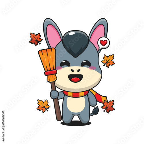 Cute donkey holding broom in autumn day cartoon vector illustration