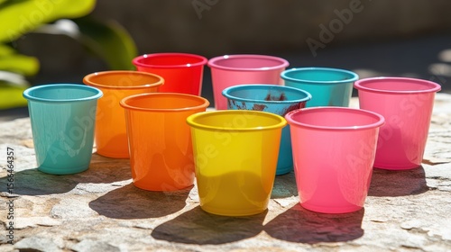 Colorful Plastic Cups in Bright Shades on a Sunlit Surface