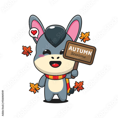Cute donkey holding autumn sign board in autumn day cartoon vector illustration