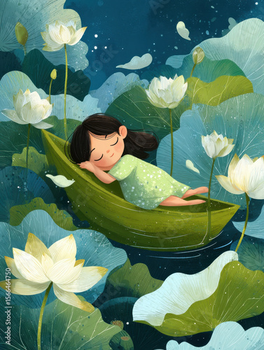 Girl sleeping on a boat with lilies blooming