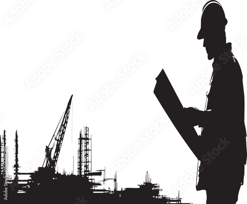 Silhouette of engineer with blueprint at construction site with cranes and scaffolding structures