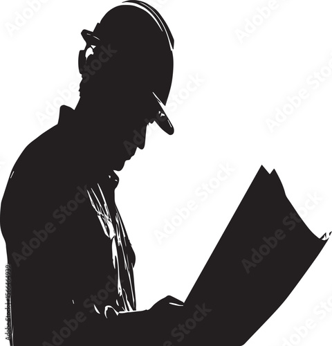 Silhouette of a construction worker in hard hat reviewing blueprints against a white background