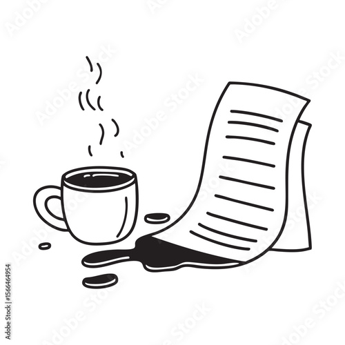 A tipped coffee mug lying near a printed email page