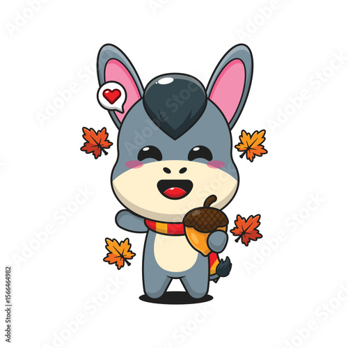 Cute donkey with acorns at autumn season in autumn day cartoon vector illustration
