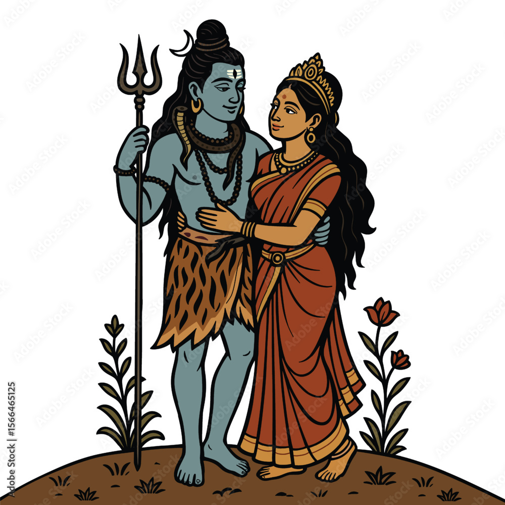 Obraz premium Lord Shiva and Parvati Illustration Hindu Divine Couple in Traditional Indian Art Style