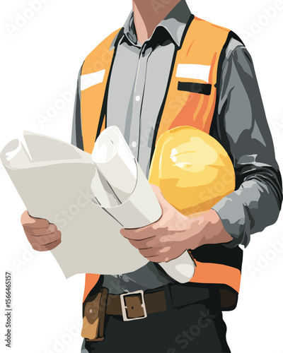 A construction worker holding blueprints and a yellow hard hat on a white background illustration
