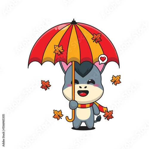 Cute donkey with umbrella in autumn cartoon vector illustration