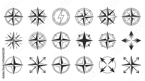 Nautical Navigation Icons Collection: 24 Black Compass Symbols for Sailing, Travel, and Marine Themes, Simple Arrows to Complex Patterns, Isolated on White.
