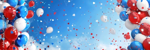 Bastille day celebration with red, white, and blue balloons and heart-shaped confetti. Horizontal banner. Copy space. Free space for text. Balloons in colors of flag of flag of France