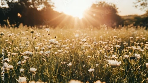 Sunlit field of wildflowers at sunset