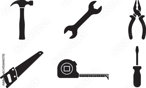 Hand Tools Silhouette Vector Set – Hammer, Wrench, Saw, Pliers, Screwdriver, and Tape Measure Icons