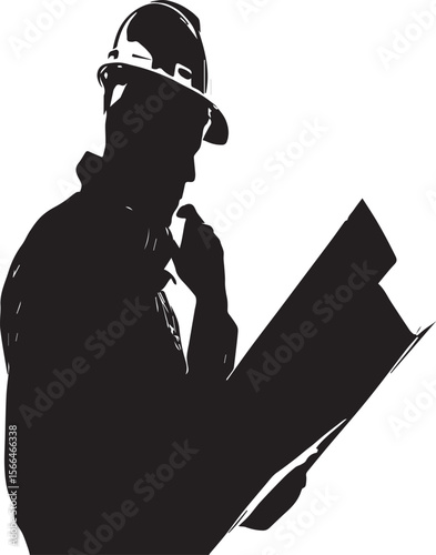 Silhouette of a construction worker in a hard hat reviewing blueprints against a white background