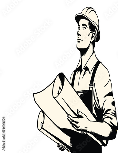 Silhouette of construction worker in hard hat writing on clipboard against a white background space