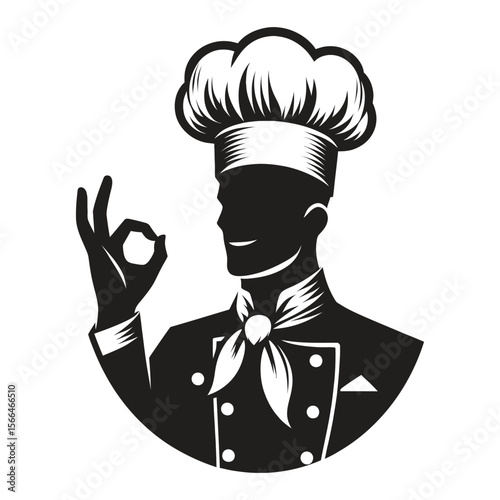 Silhouette Chef Holding Okay Hand Gesture - Elegant Cooking Logo Vector
