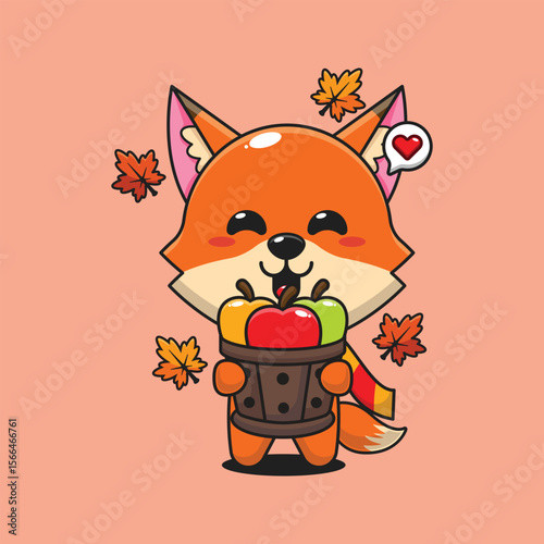 Cute fox holding a apple in wood bucket in autumn day cartoon vector illustration