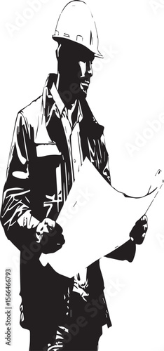 Engineer in hard hat holding rolled blueprint looking at it in a black and white line drawing style