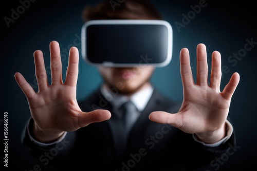 A man in a suit with a virtual reality headset on his head