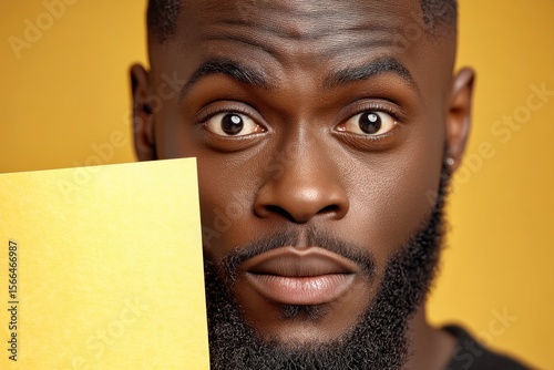 A man with a beard holding a piece of paper in front of his face