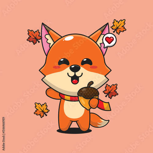 Cute fox with acorns at autumn season in autumn day cartoon vector illustration
