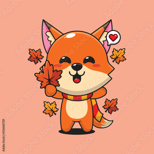 Cute fox holding maple leaf in autumn cartoon vector illustration