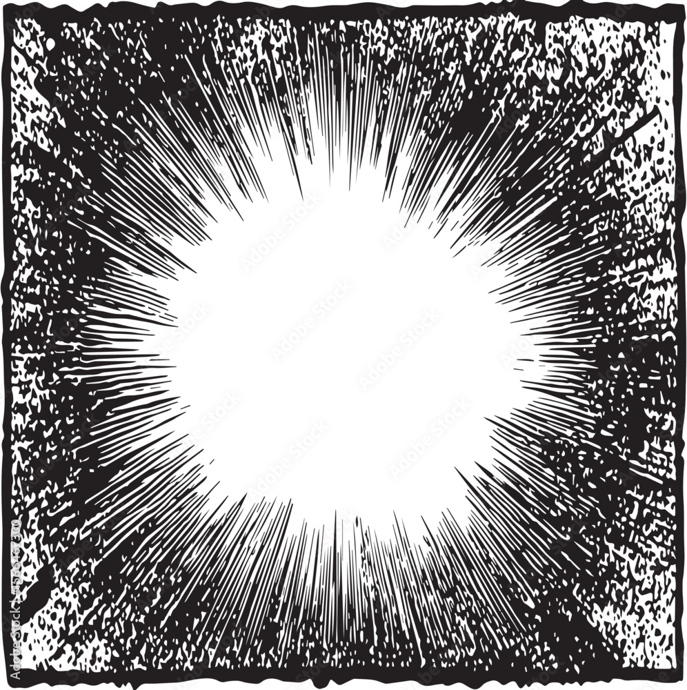 A black and white drawing of a figure in the center of a burst of light and dark lines radiating out