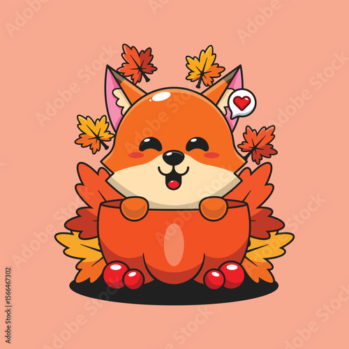Cute fox in a pumpkin in autumn cartoon vector illustration