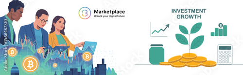 Three people analyze bitcoin charts in front of a city skyline with a marketplace logo