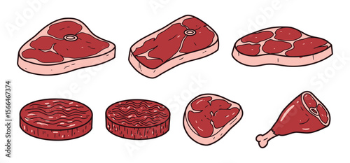 Raw Beef Steak and Meat Cuts - Hand Drawn Butcher Vector Illustration