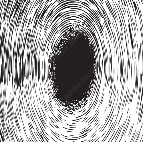 Monochrome graphic with radiating lines emanating from a central white space and textured border