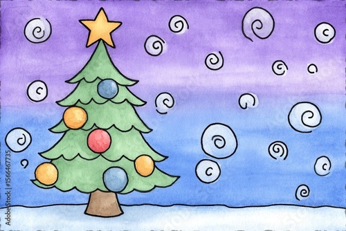 A drawing of a christmas tree in the snow