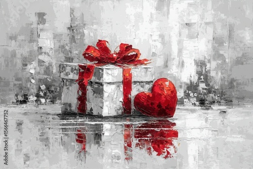 A painting of a gift box with a red heart on it
