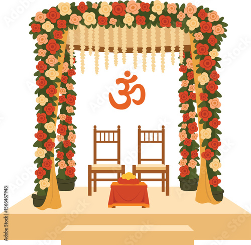 Hindu Wedding Mandap with Om Symbol Floral Indian Marriage Ceremony Stage Illustration