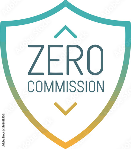 A zero commission logo in a shield shape with gradient colors on a light background for promotion use