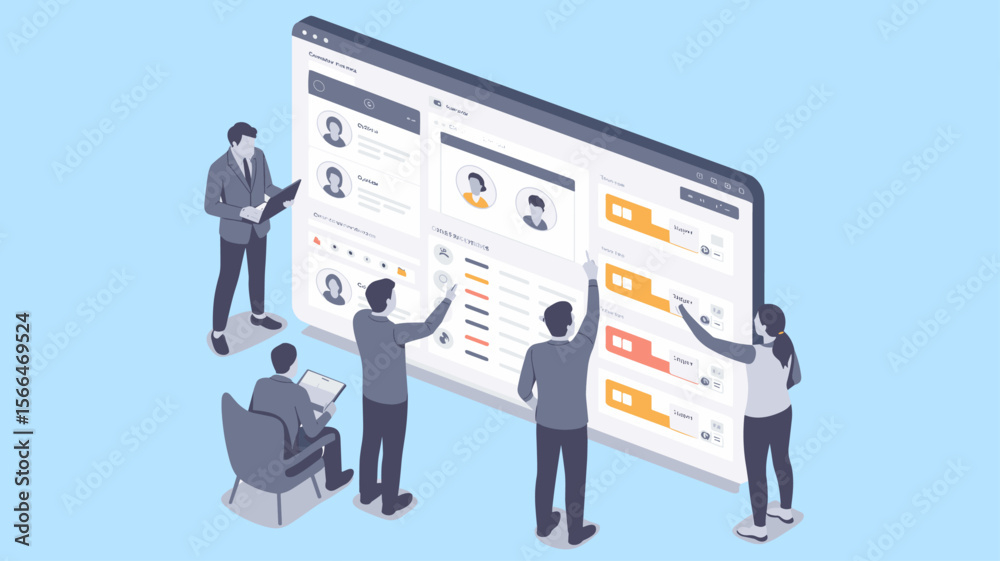 Fototapeta premium hr team managing candidate profiles on a large crm screen, isometric vector illustration for customer relationship management system, project collaboration and recruitment process