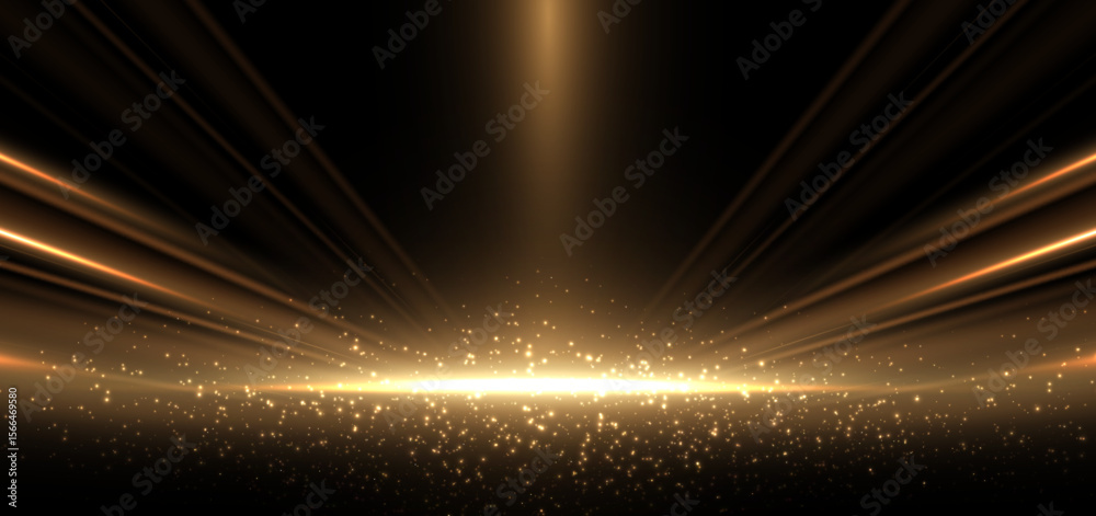 Abstract elegant gold glowing beam with lighting effect sparkle on black background. Template premium award design.