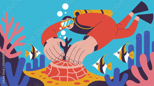 scuba diver restoring a coral reef with tropical fish nearby, vector illustration for coral reef restoration, marine biology and ocean conservation