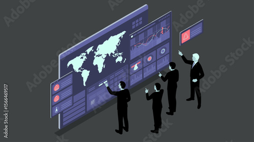 security analysts team monitoring global threats in a soc, isometric vector illustration for cybersecurity operations center, network monitoring and data protection