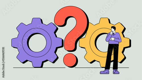 analyst thinking between two gears with a question mark, vector illustration for correlation vs causation misconception, critical thinking and problem analysis