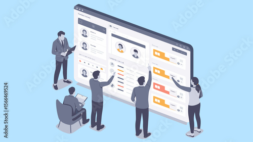 hr team managing candidate profiles on a large crm screen, isometric vector illustration for customer relationship management system, project collaboration and recruitment process