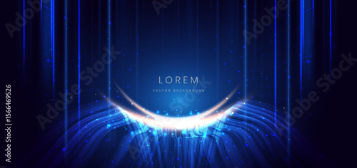 Scene glownig blue wave lines with lighting effect and sparkle on dark blue background.