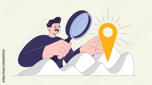 surprised analyst with magnifying glass finding location pin on data map, vector illustration for data discovery, insight finding and market research