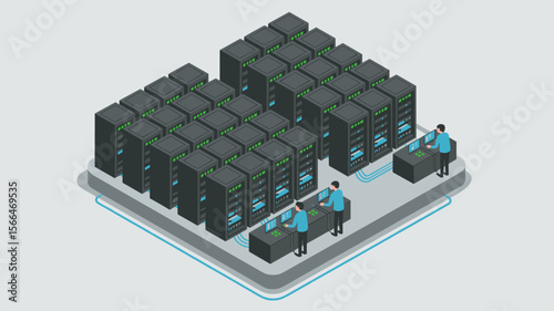 it engineers working in server room, isometric vector illustration for data center, cloud computing infrastructure and network administration
