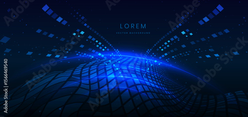 Technology futuristic glowing lines neon blue light ray on dark blue background with square pattern digital element.