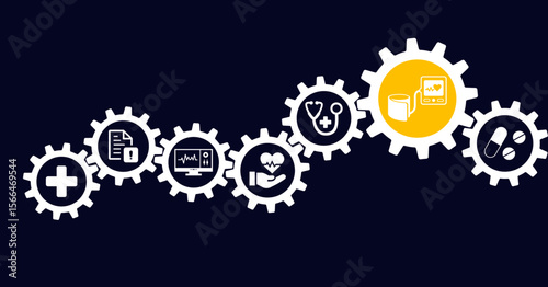 Hypertension vector illustration. Blue concept with no people and icons related to high blood pressure, cardiovascular disease, hyper tension checkup, diagnosis & measuring, healthcare. 